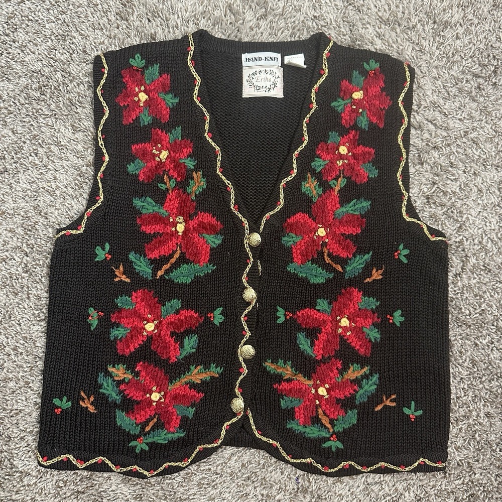Vintage 90s Erika Women's Small Poinsettia Flower Hand Knit Sweater Vest Holiday